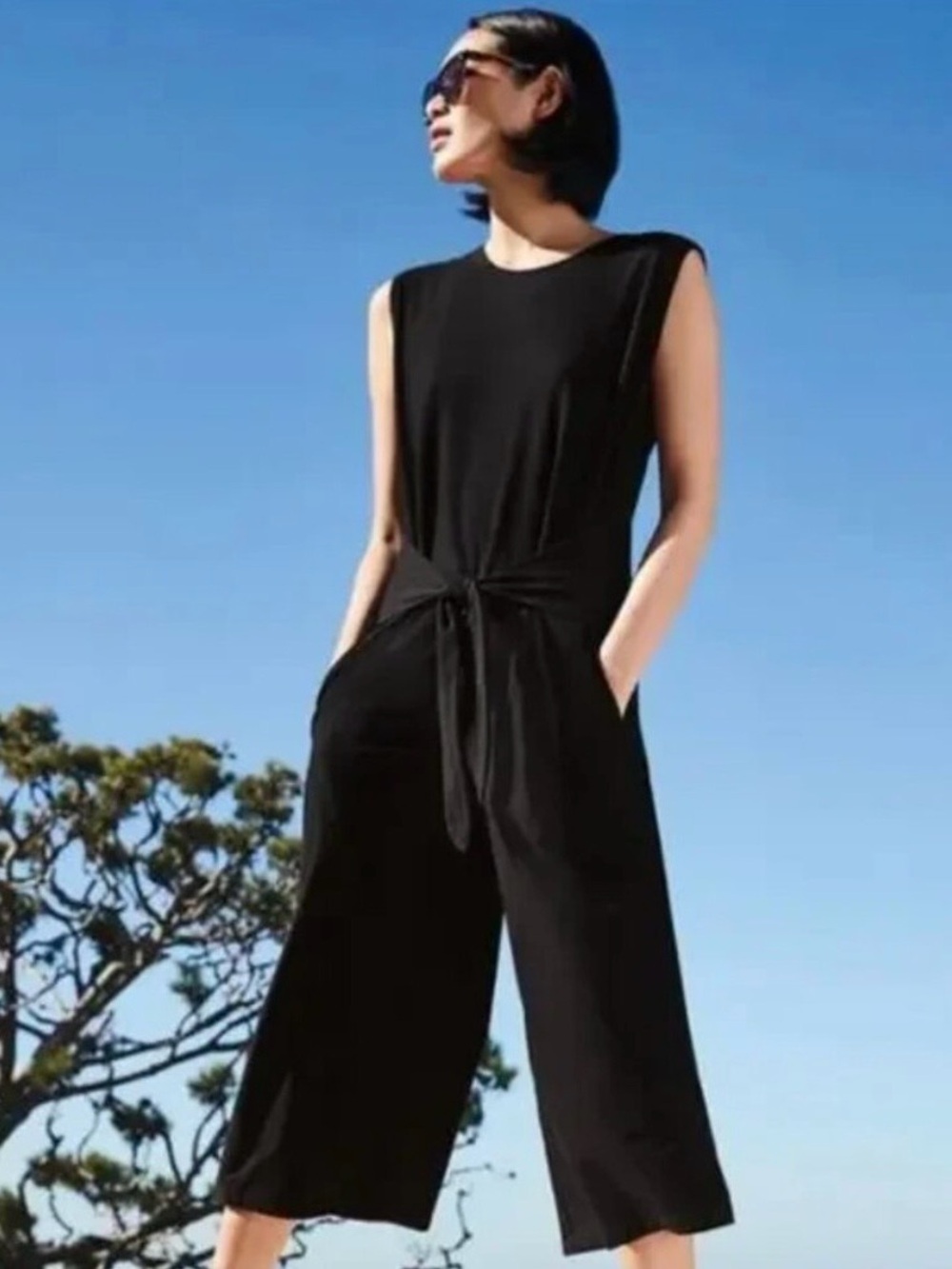 Eileen Fisher Petite Small Black Wide Leg Jumpsuit Tie Waist Pockets USA